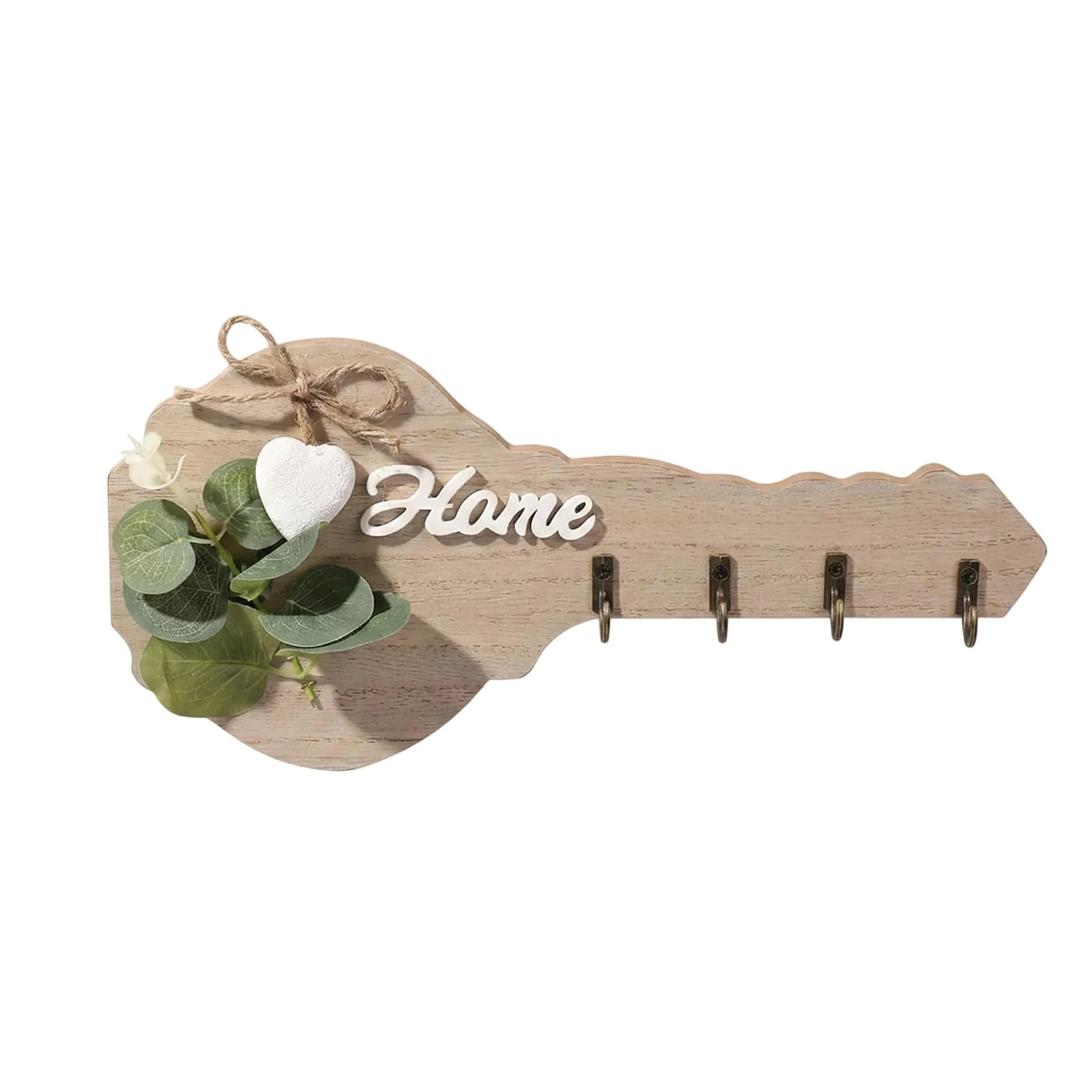 Rustic Wooden Home Key Holder Wall Decor with Heart Accent & 4 Hooks, Wall Mount Entryway Organizer for Keys Coats Bags Hats