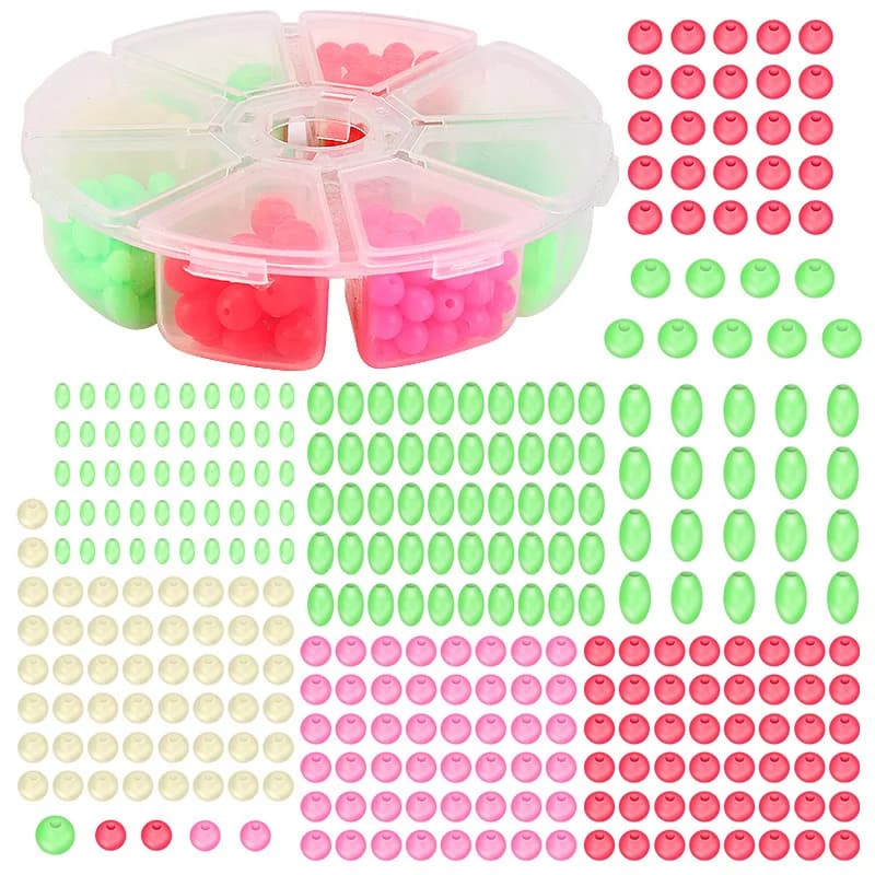 300pc Fishing Space Beans Round Floating Lights Balls Glow Rigging Beads Plastic Barrier Beads Equipment with Box