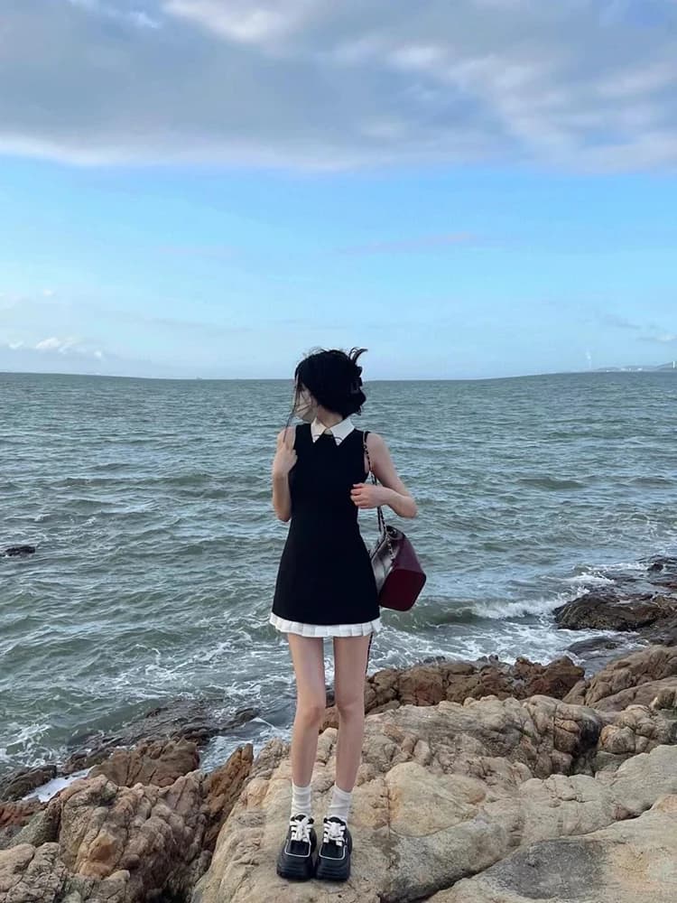 Black A-Line Midi Skirt Dress Sleeveless Women's Summer New Style Qianjin Little Fragrance Wind Pleated Skirt Korean Style