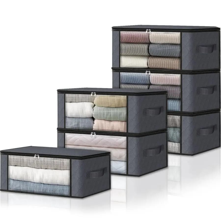 Set of 6 Clothes Organizers, Folding Bags with Large Transparent Window and Handles Robust for Wardrobe, Sleeping, Bearings, Bed linen
