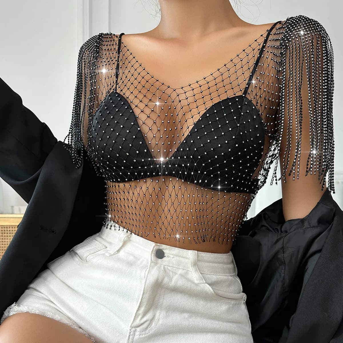 Top Estivo da Donna a Maniche Corte con Rete a Maglie Scintillanti Effetto Diamante H21092 - Canotta Glitterata