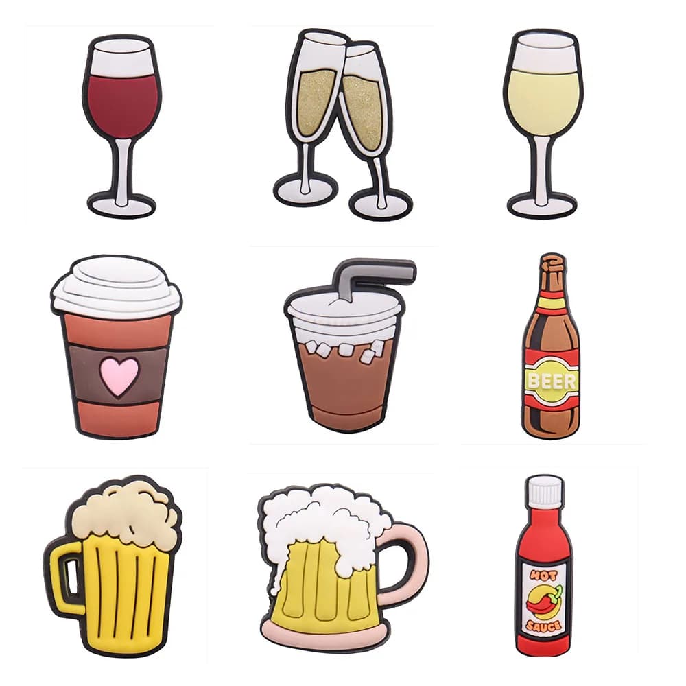 Single Sale 1pcs PVC Drinks Wine Beer Shoe Charms Sandals Shoes Decoration Fit Wristbands Hole Slipper Accessories Adult Gift