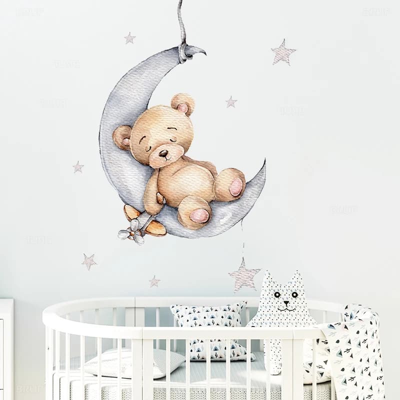 Orsetto di peluche del fumetto che dorme sulla luna e le stelle Adesivi murali per la camera dei bambini Decorazione della stanza del bambino Decalcomanie da muro Interno della stanza