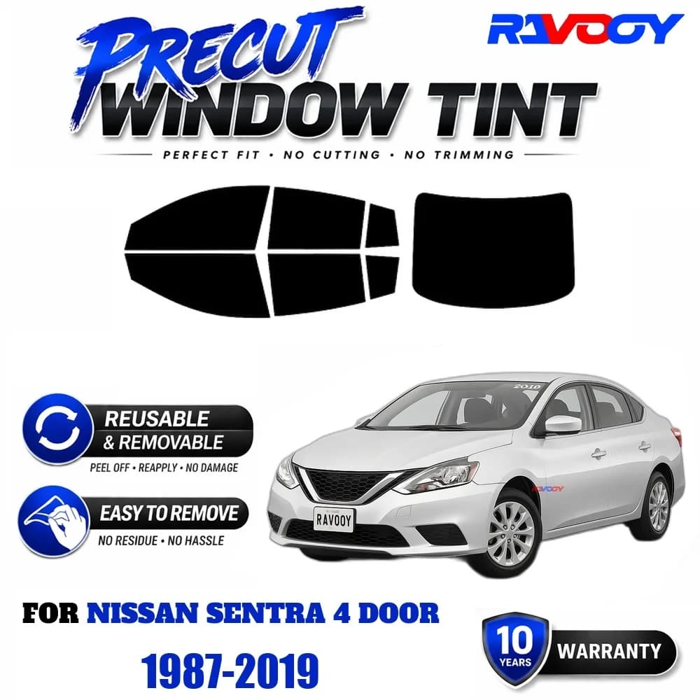 RAVOOY Precut Window Tint, Reusable Removable EPU Film, Custom Fit for Nissan Sentra 4 Door 1987-2019, UV Heat Protection