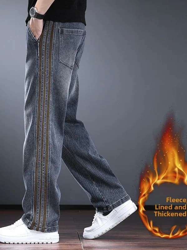 Heavyweight Casual Men's Denim Jeans Autumn Winter Loose Straight Leg Pants Striped High Street Fce Thiened Long Trousers
