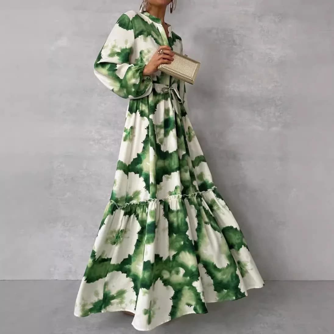 2024 abiti lunghi da donna eleganti estivi moda verde stampa manica lunga scollo a V regolazione della vita abito lungo festa femminile Vestido