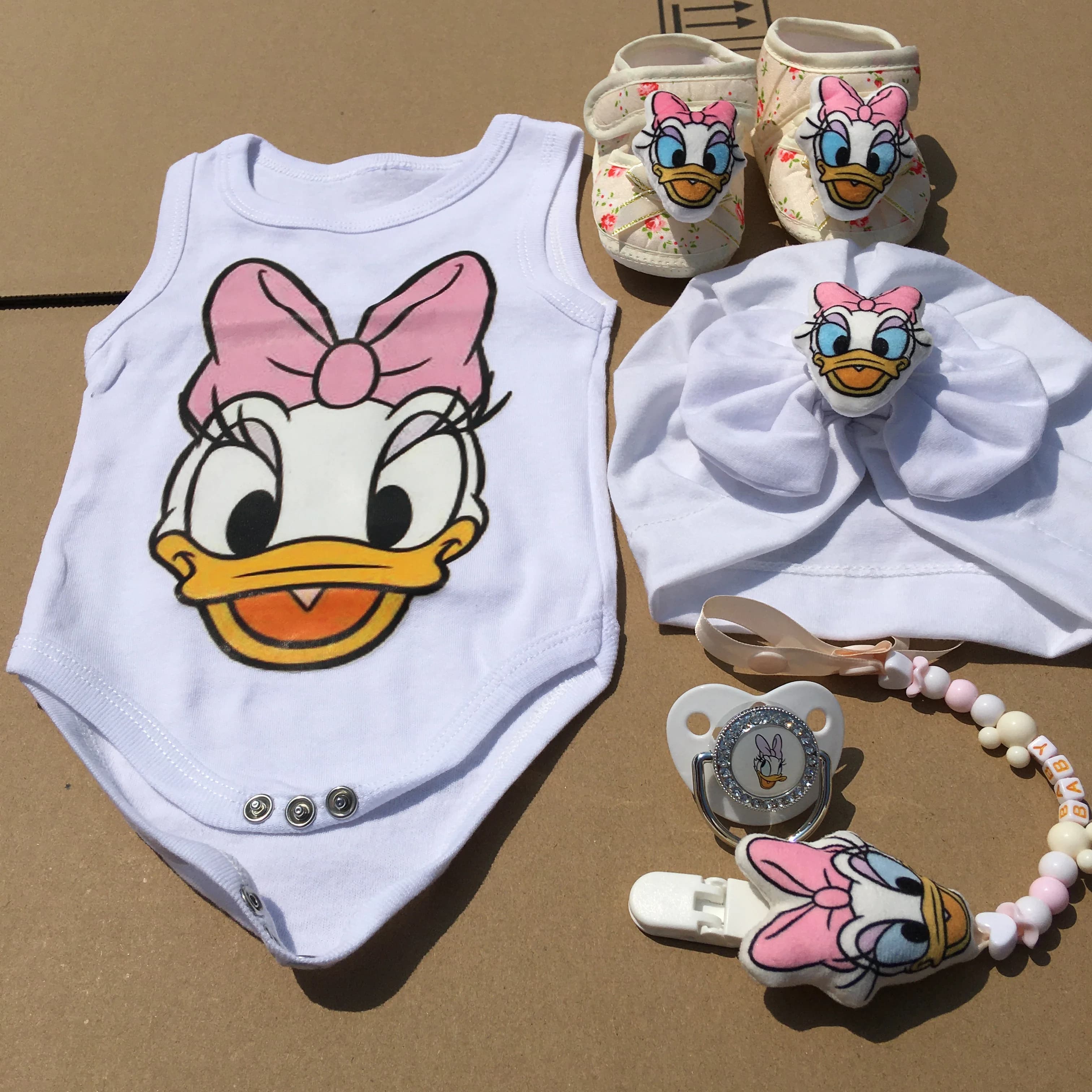 Baby Girl Outfit Set - Sleeveless Romper, Shoes, Headband & Pacifier Clip - Cartoon Baby Clothes Set