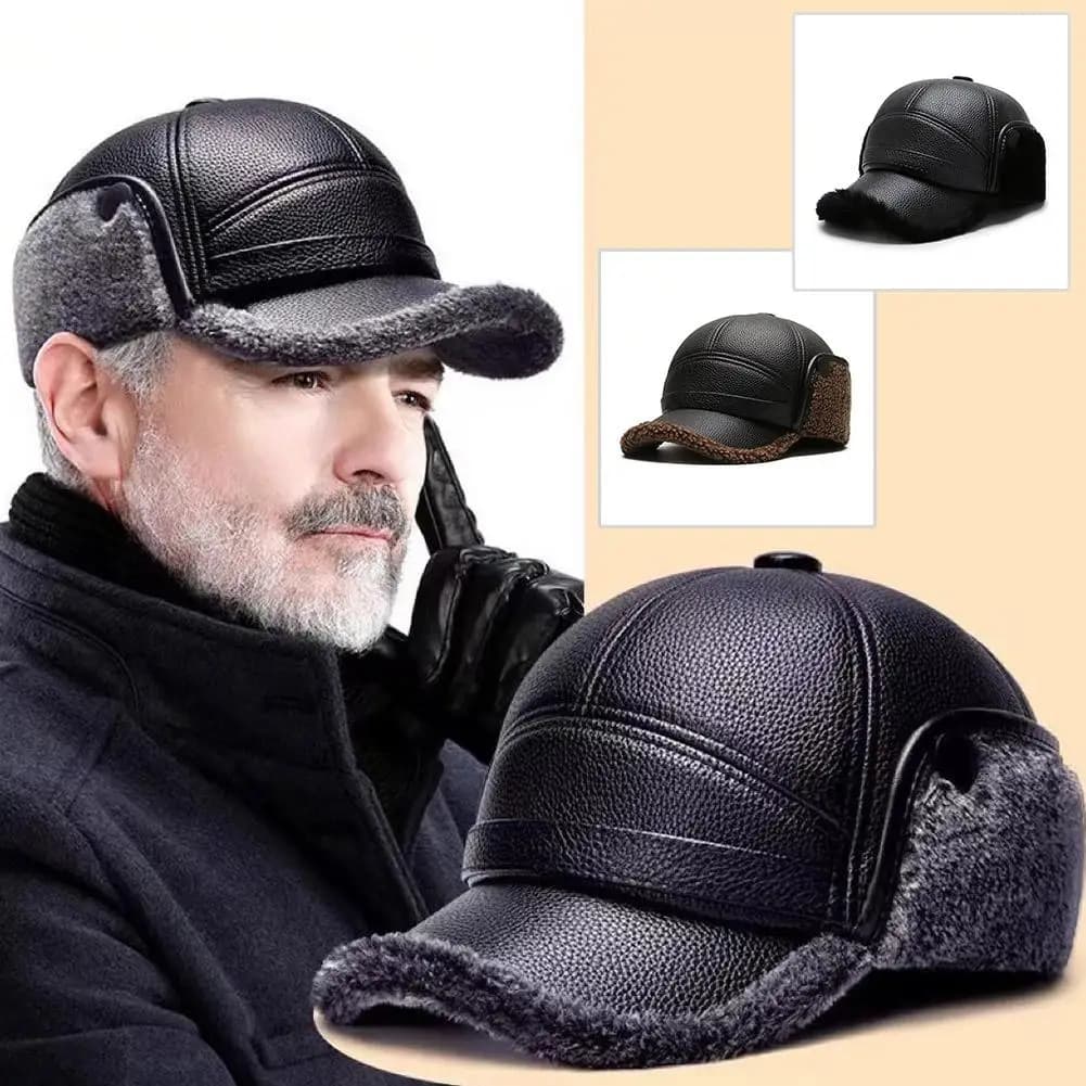 Waterproof winter leather hat thickened warm Russian ski hat windproof cold flat cap for men elderly women winter essential
