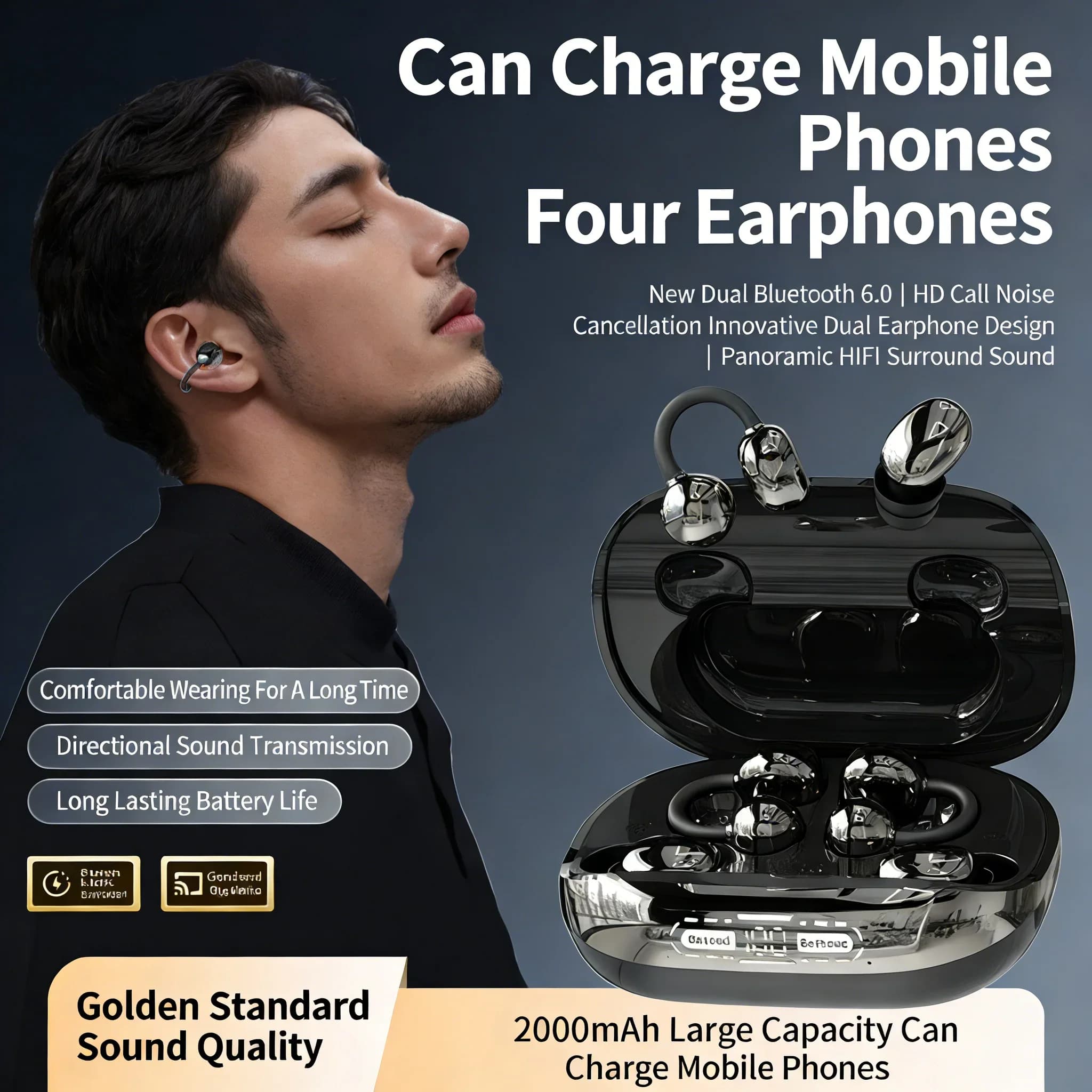 Bluetooth 6.0 Clips for Ear and In-Ear 2-in-1 with Reduction of AI Noise for HIFI Stereo Calls for Couples