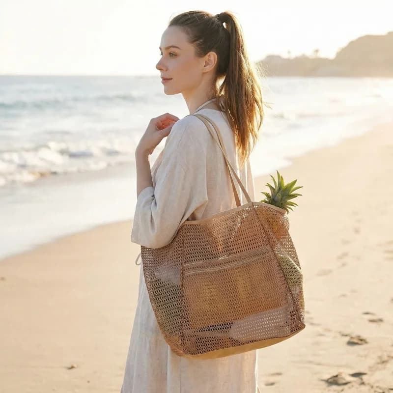 Summer Outdoor Travel Mesh Foldable Beach Bag Women's Handbag Shoulder Bag Lightweight Leisure Bag Beach Essential Bag