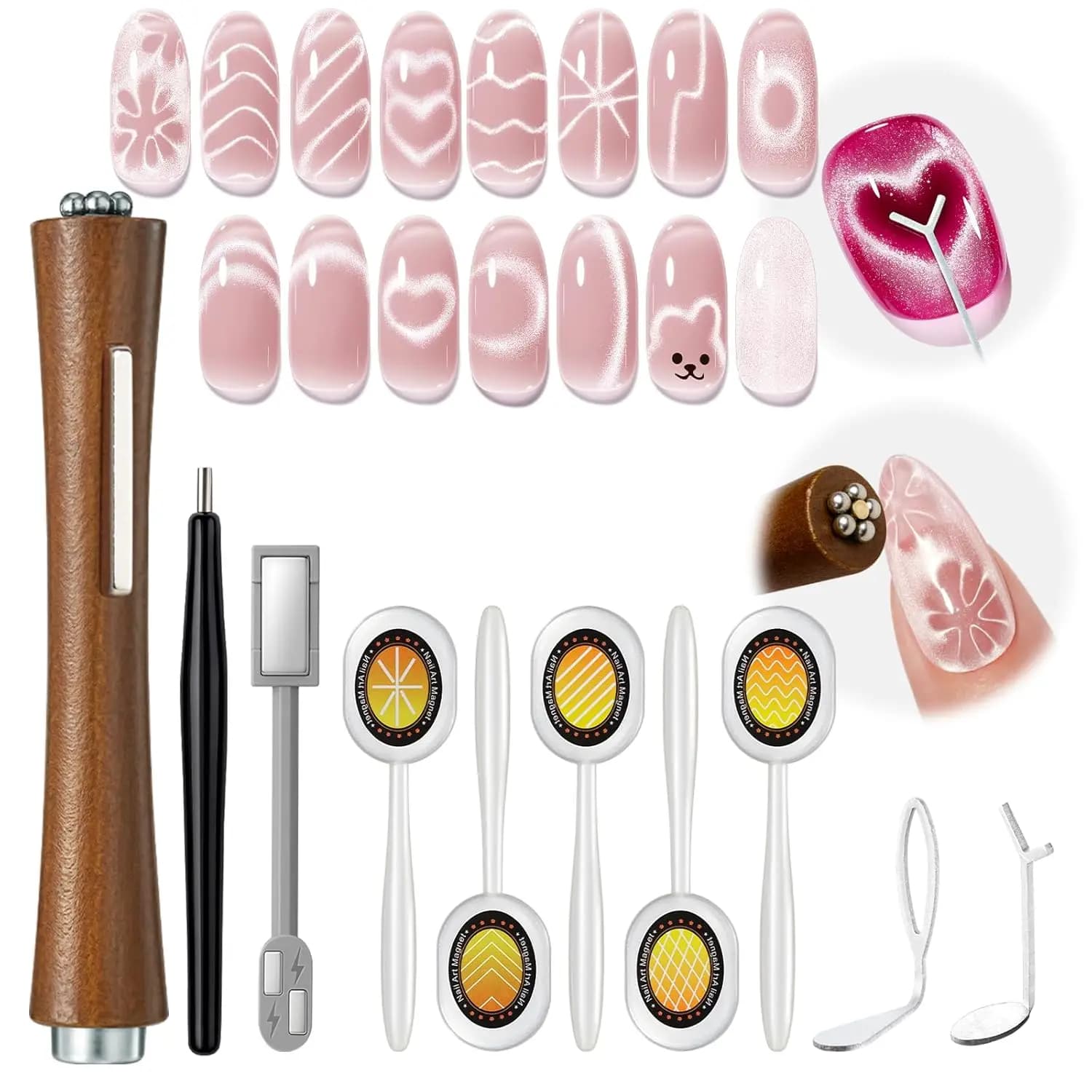 Modelones Gel Polish Magnetic Effect Eye Cat for Nails, 3-in-1 Magnetic Pen Black Powerful with Cat Eye Effect, Heart Magnetic Instrument and Square with Hole