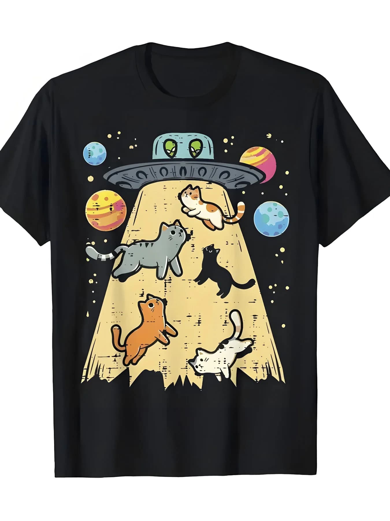 Men's Retro Cartoon Ufo Cat Abduction Graphic T-Shirt | Whimsical Design Featuring Colorful Planets, Playful Cats, and Alien Eyes, Short Sleeve, Round Neck, Lightweight and Breathable, Ideal for Casual Outings and Sci-Fi Lovers | Fun Graphic Tee