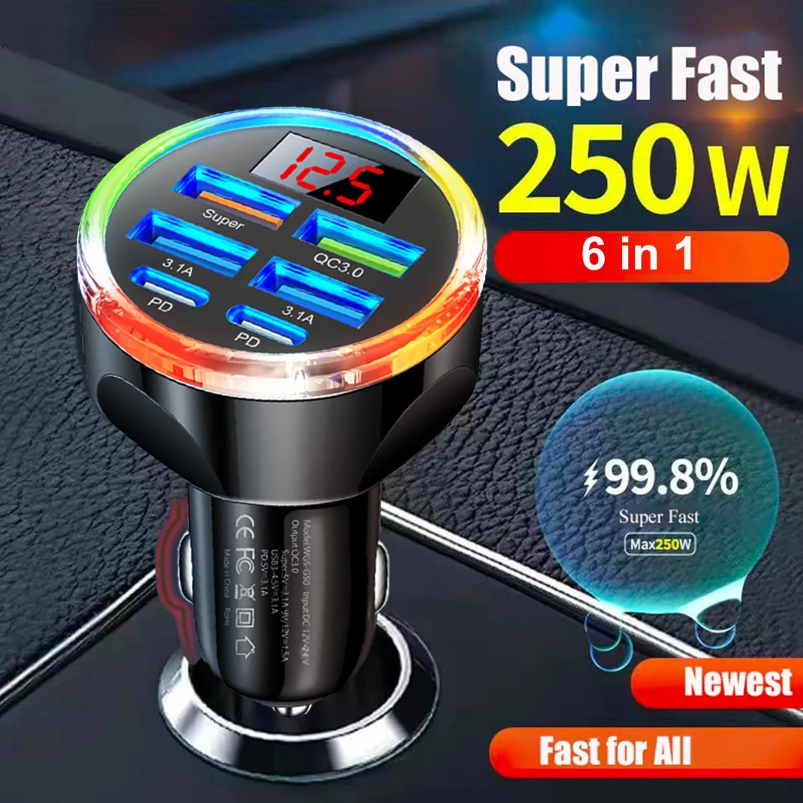 Caricabatteria da auto USB C multiporta 6 in 1 con voltmetro Adattatore super veloce con display di tensione Dual PD QC 4.0 per iPhone Samsung