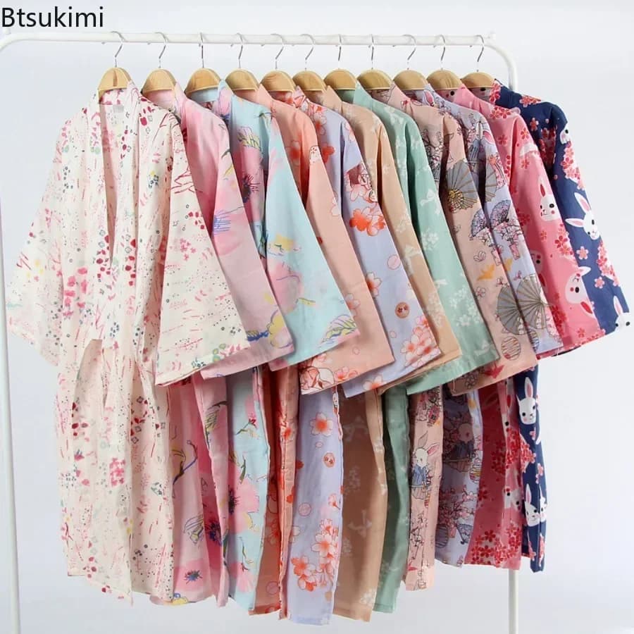Kimono in stile giapponese Pigiama Vestaglie Estate da donna Garza di cotone sottile Scollo a V Semplice camicia da notte allentata Ladies Lounge Accappatoio con lacci