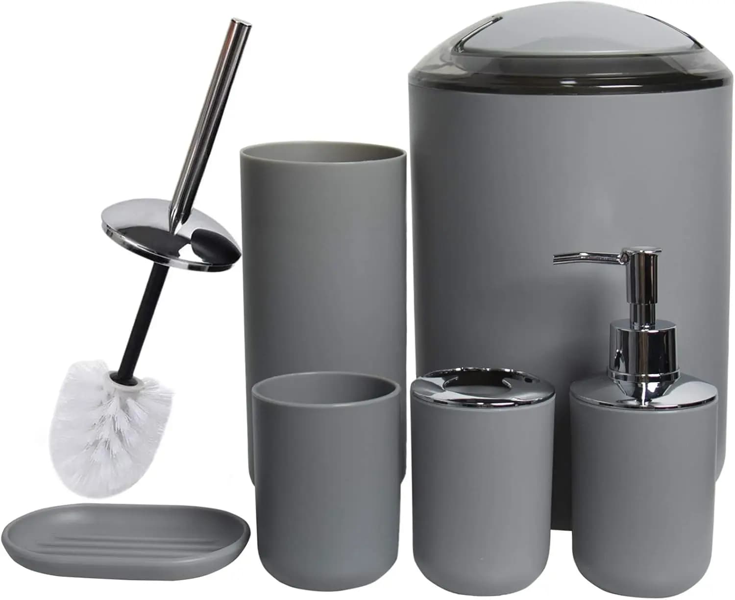 Set da Bagno 6 Pezzi con Dispenser Sapone, Porta Spazzolini, Bicchiere, Portaoggetti - Grigio Chiaro per Arredo Bagno e Regalo di Inaugurazione Casa
