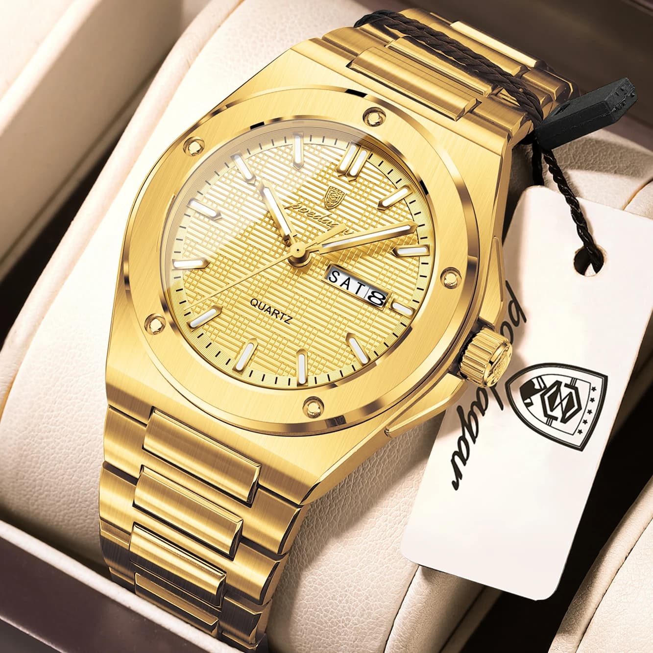 Orologio da Polso POEDAGAR per Uomo, Lussuoso in Acciaio Inox con Data e Giorno, Impermeabile, Luminoso, Sportivo, al Quarzo