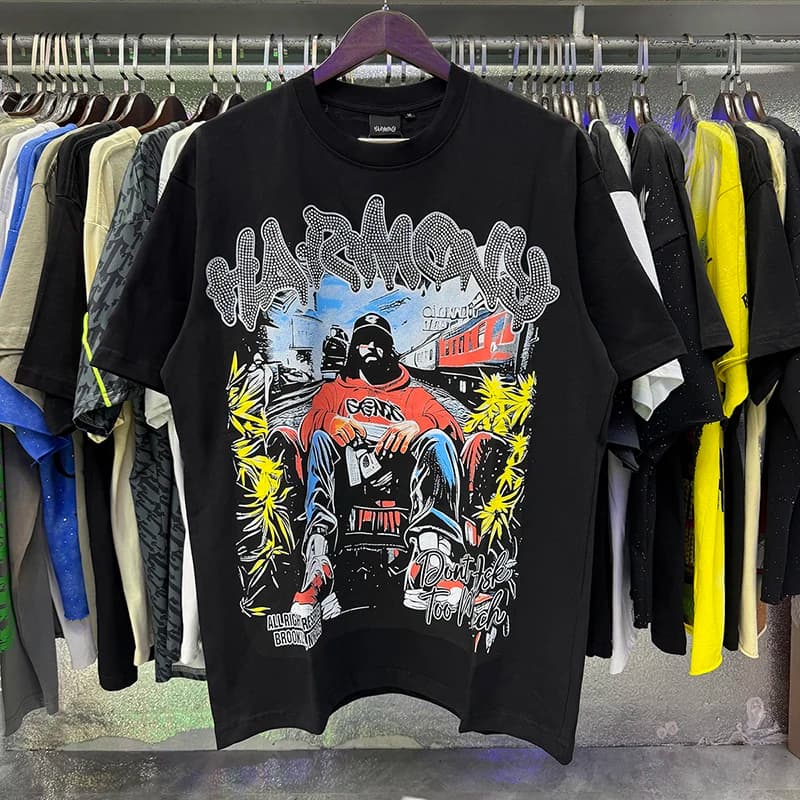 26SS HARMONY High Street Trendy Rhinestone Graphic T-Shirt Black Hip Hop Streetwear Oversized Top Men