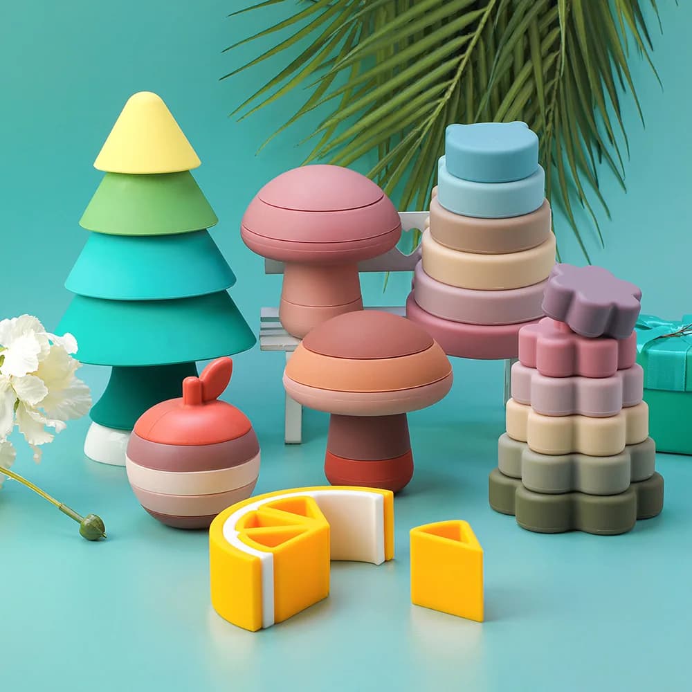Blocchi di costruzione morbidi in silicone per bambini Massaggiagengive in silicone per bambini senza BPA Giocattoli educativi Montessori per bambini Giocattoli da gioco educativi