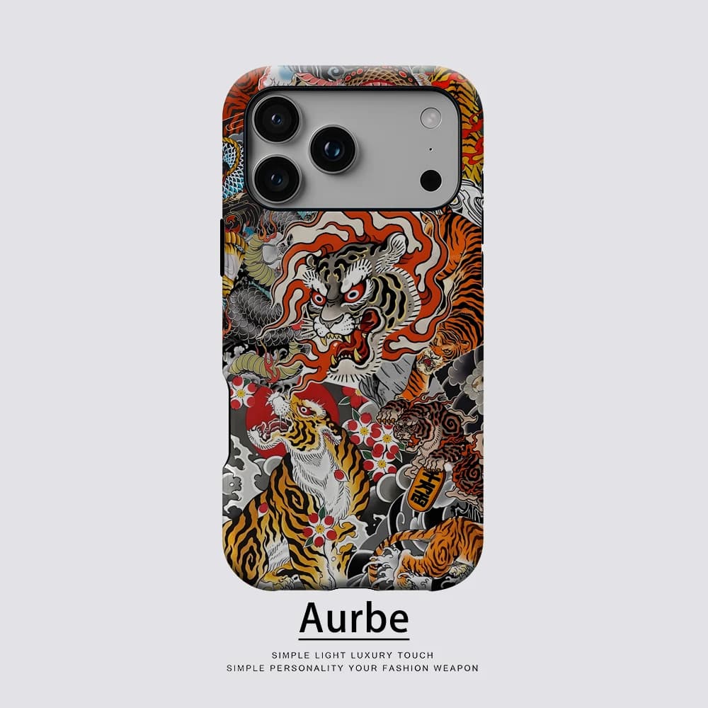 Collage Giapponese Tigre e Drago per Cover Magnetica per iPhone 17 16 15 14 13 Pro Max Plus, Custodia Robusta Monostrato e Doppio Strato