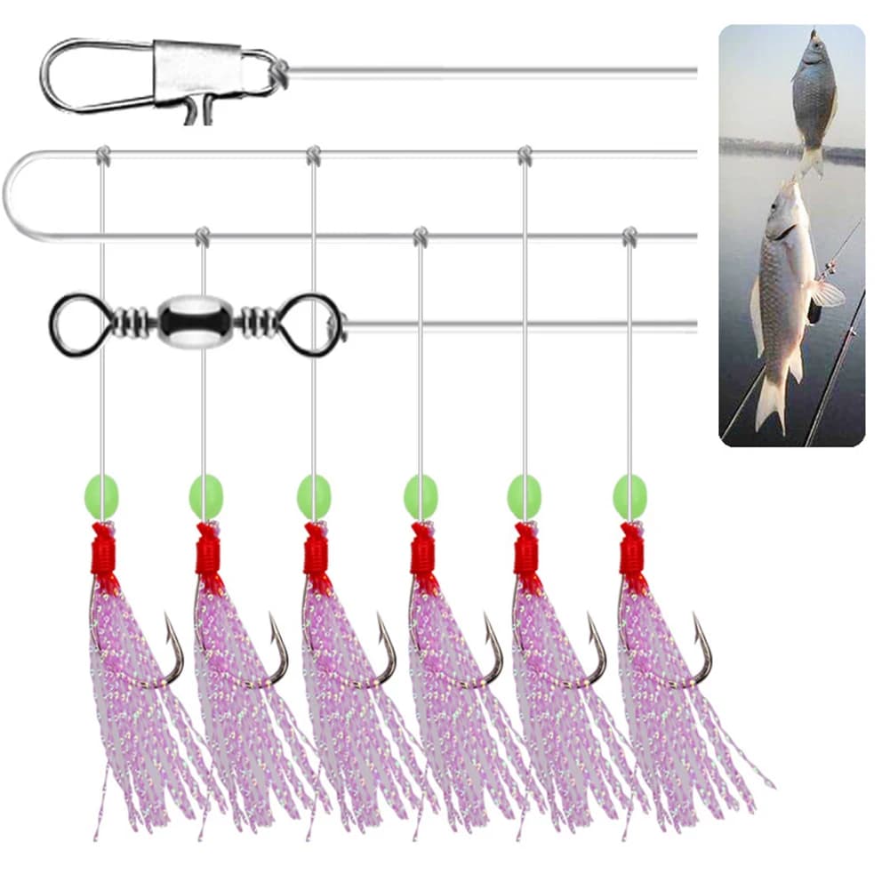 Impianti di pesca 6 Gancio/Set Per-Arcobaleno Pelle Corda di seta Gancio Richiamo di pesca Acqua salata Esca d'acqua dolce Rig Tackle 7-15 #