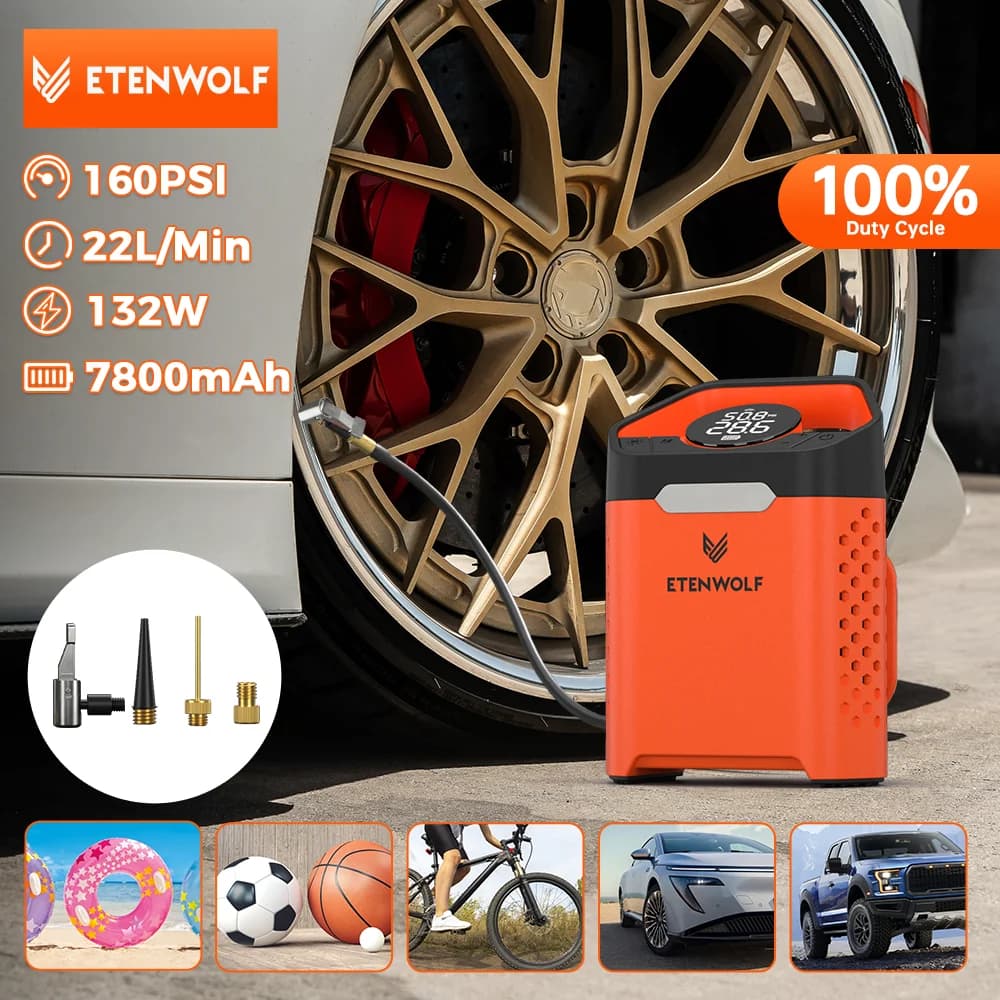 ETENWOLF V3 Pompa di gonfiaggio per pneumatici portatile 160 PSI Compressore per auto Ciclo di lavoro al 100% 7800mAh Pompa ad aria per auto Moto Bicicletta