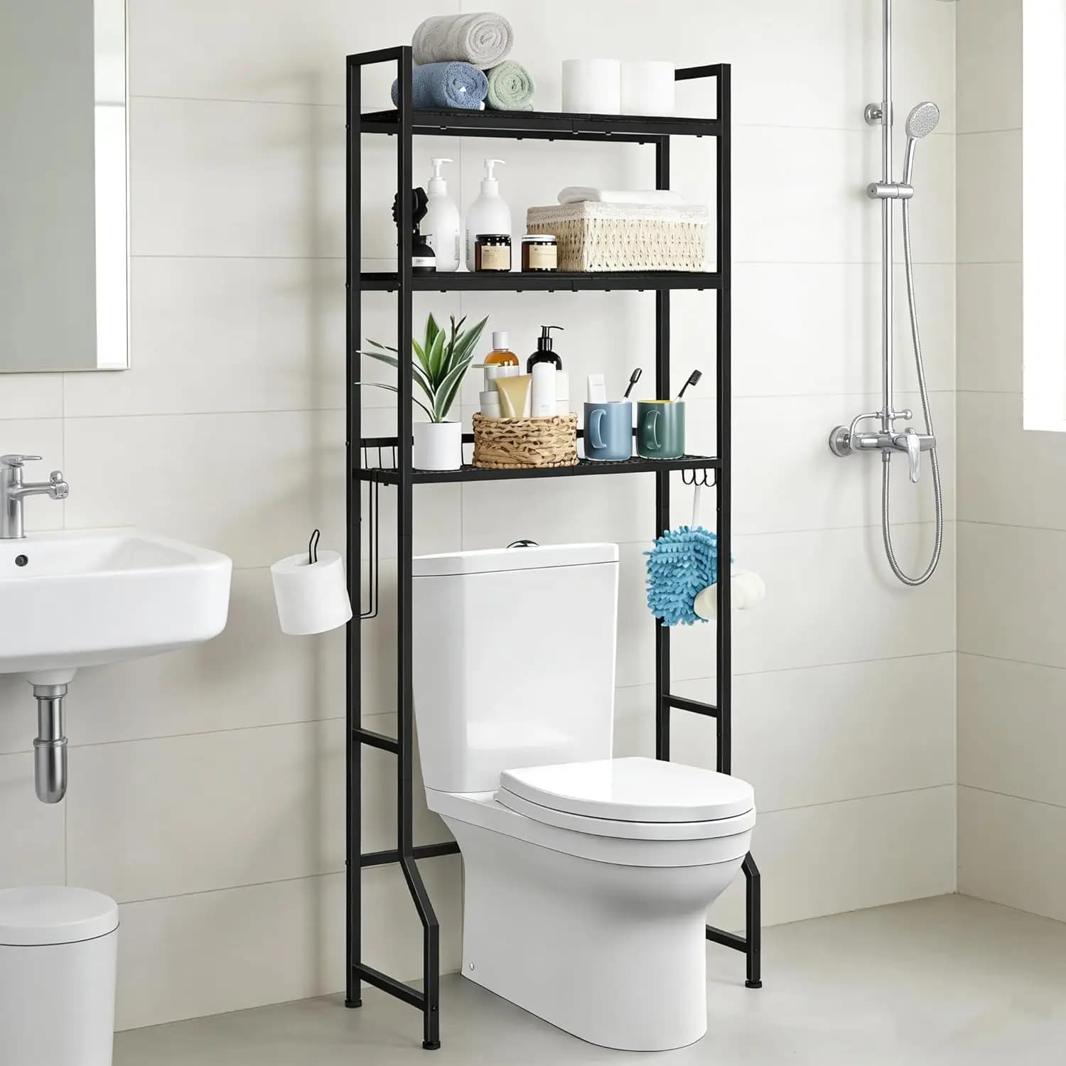 Organizzatore da Bagno Sopra il WC, Scaffale a 3 Livelli con 4 Ganci e Porta Carta Igienica, Autoportante