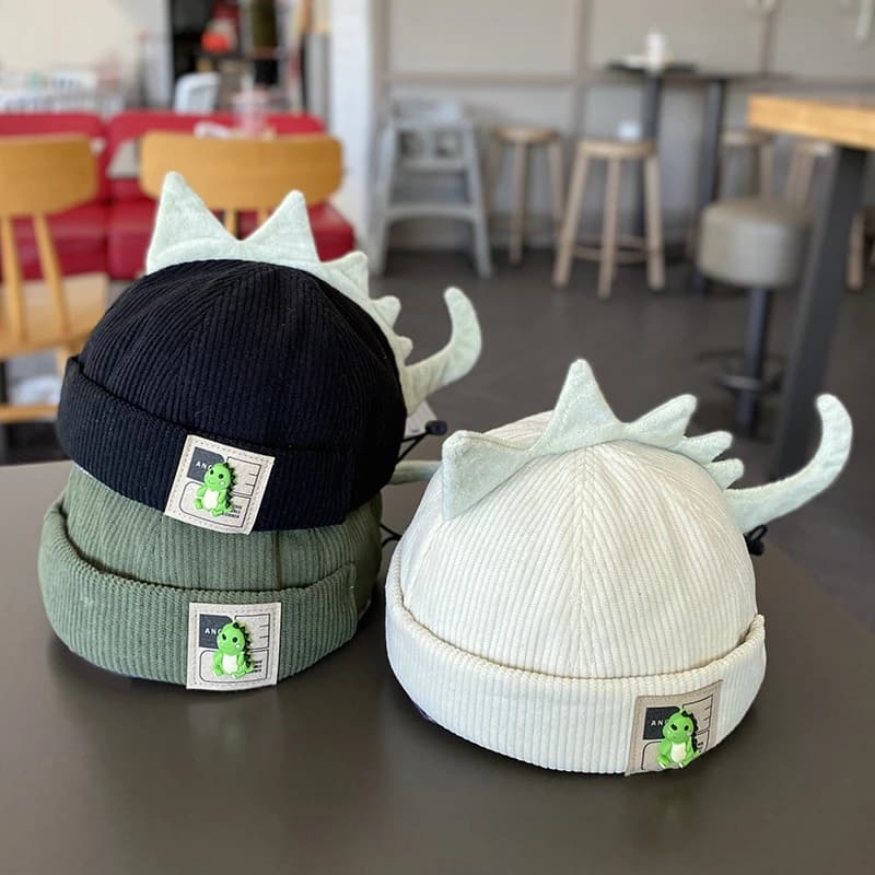 Cappello Invernale per Neonati a Forma di Dinosauro, Berretto in Velluto a Coste Senza Visiera, Cappello a Melone 3D con Cordoncino Regolabile per Bambini