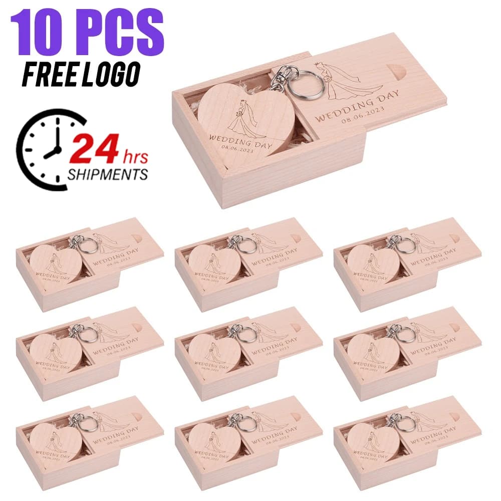 10 PZ Logo Personalizzato Gratuito Chiavetta USB 128 GB Memory Stick in Legno 64 GB a Forma di Cuore Pen Drive 32 GB Portachiavi Gratuito Flash disco 16 GB
