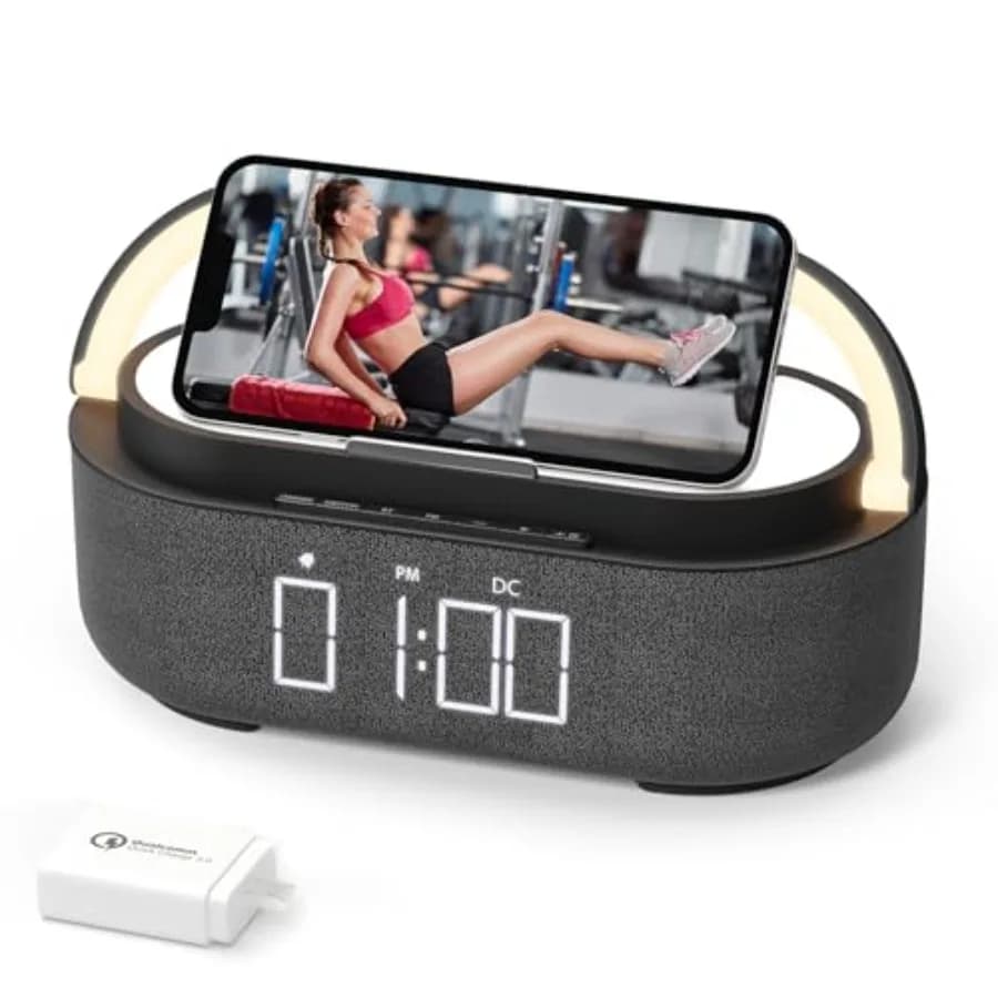 Altoparlante Bluetooth con caricatore wireless, radio FM, luce notturna a LED dimmerabile, altoparlanti stereo wireless doppi, portatile da 2500 mAh