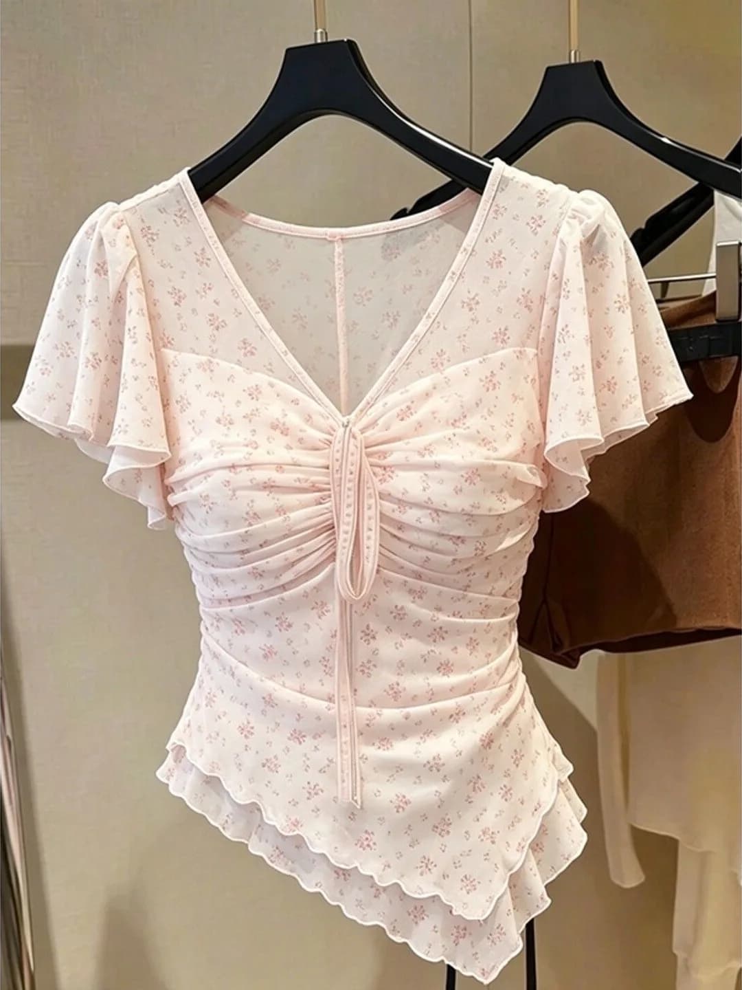 Gentle Floral Tie Waist Short Sleeve T-Shirt Women's Summer New Style High Sensation Slimming Belted Top Polyester Fiber