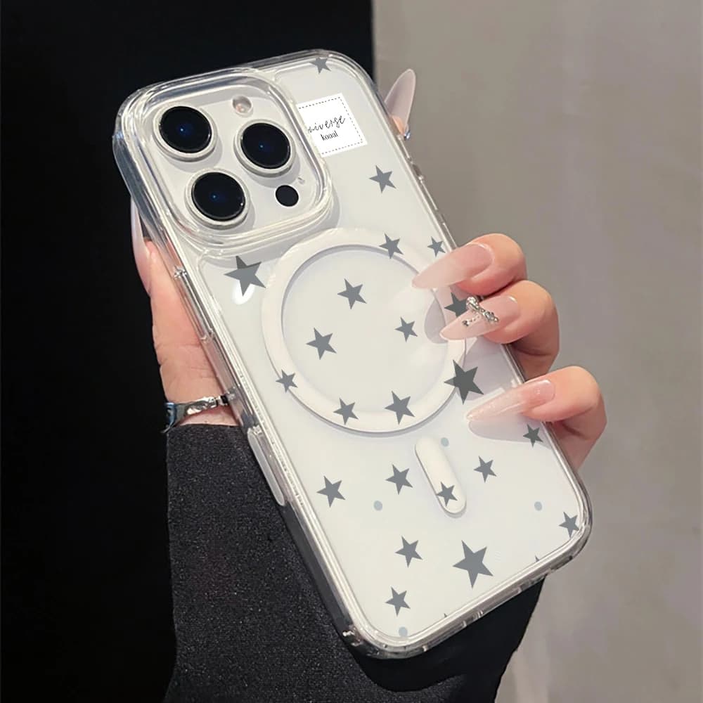 Grey Star Print magnetic Clear Phone Case For iphone 17 14 15 16 11 12 13 Pro Max Air 17 16 E 14 15 16 Plus 15 Pro acrylic Cover