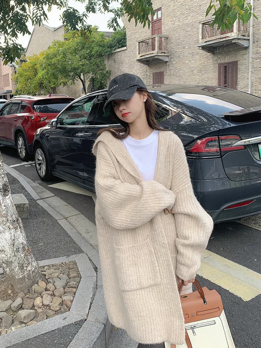 Women's Oversized Knitted Hoodie Jacket Loose Fit Long Sleeve Sweet Style Mid-Length Open Cardigan Top for Autumn Winter