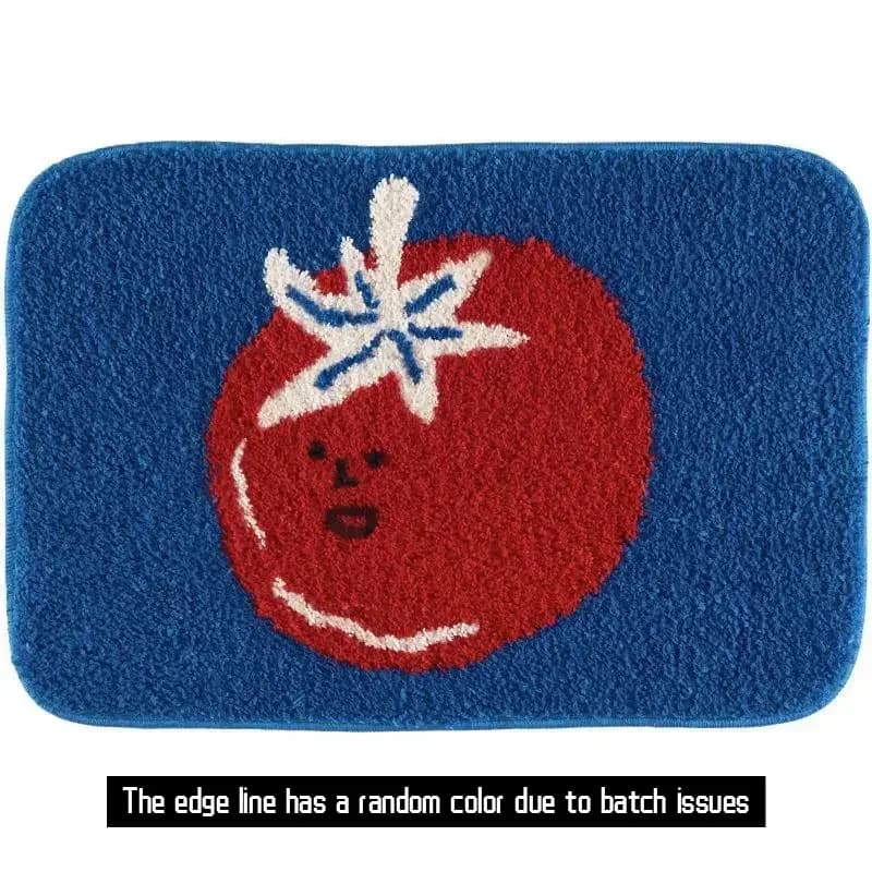 VIKAMA Tappeto con faccina di pomodoro, divertente tappetino in ciniglia blu con pomodoro rosso a forma di cartone animato per bagno, camera da letto, decorazioni per la casa