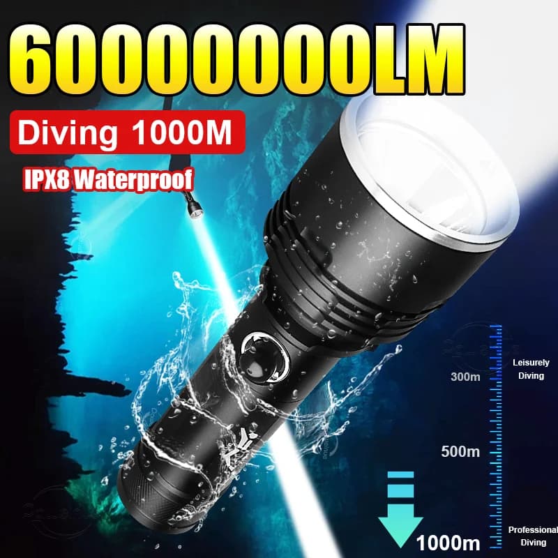 LED Downlight XHP199/XHP50 60000000LM, Waterproof IPX8, Powerful Professional Diving Lantern