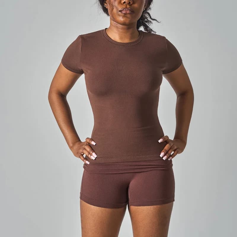 Short Sleeve Yoga Top Round Neck Seamless Gym Shirt Short Leggings Suit for Woman High Stretch Sports Running T Shirts Clothes