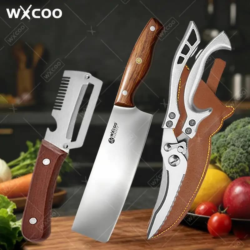 Coltello da Cucina Professionale Forbice Multiuso Pelapatate Affettatrice per Frutta Coltello da Chef in Acciaio Inossidabile con Manico in Legno