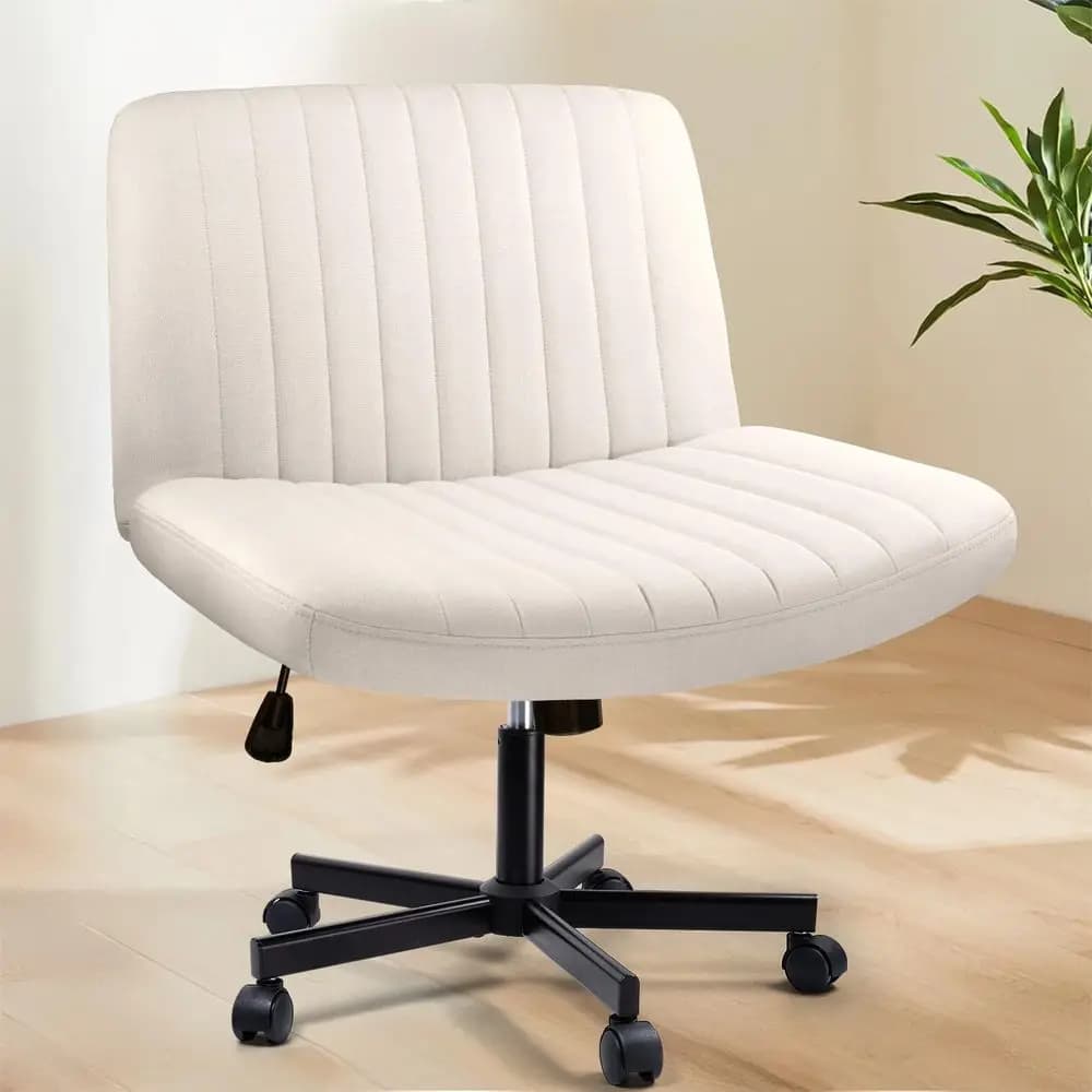 Sedia da ufficio con ruote, sedia da toeletta con ruote e gambe, comoda sedia beige con schienale e braccioli regolabili