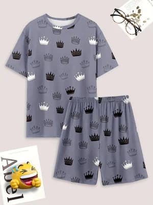 Set pigiama casual da uomo, t-shirt e pantaloncini con stampa corona, comodo abbigliamento da notte estivo