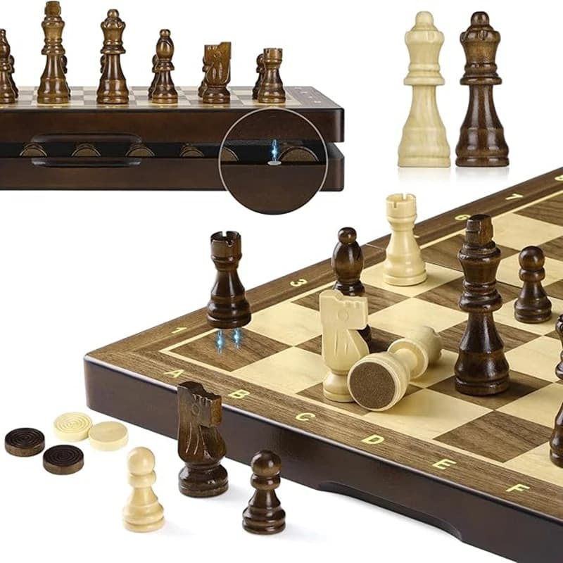 Nuova scacchiera magnetica in legno 38cm/15 pollici 2-in-1, set di gioco degli scacchi pieghevole con 2 regine extra, scacchiera portatile da viaggio