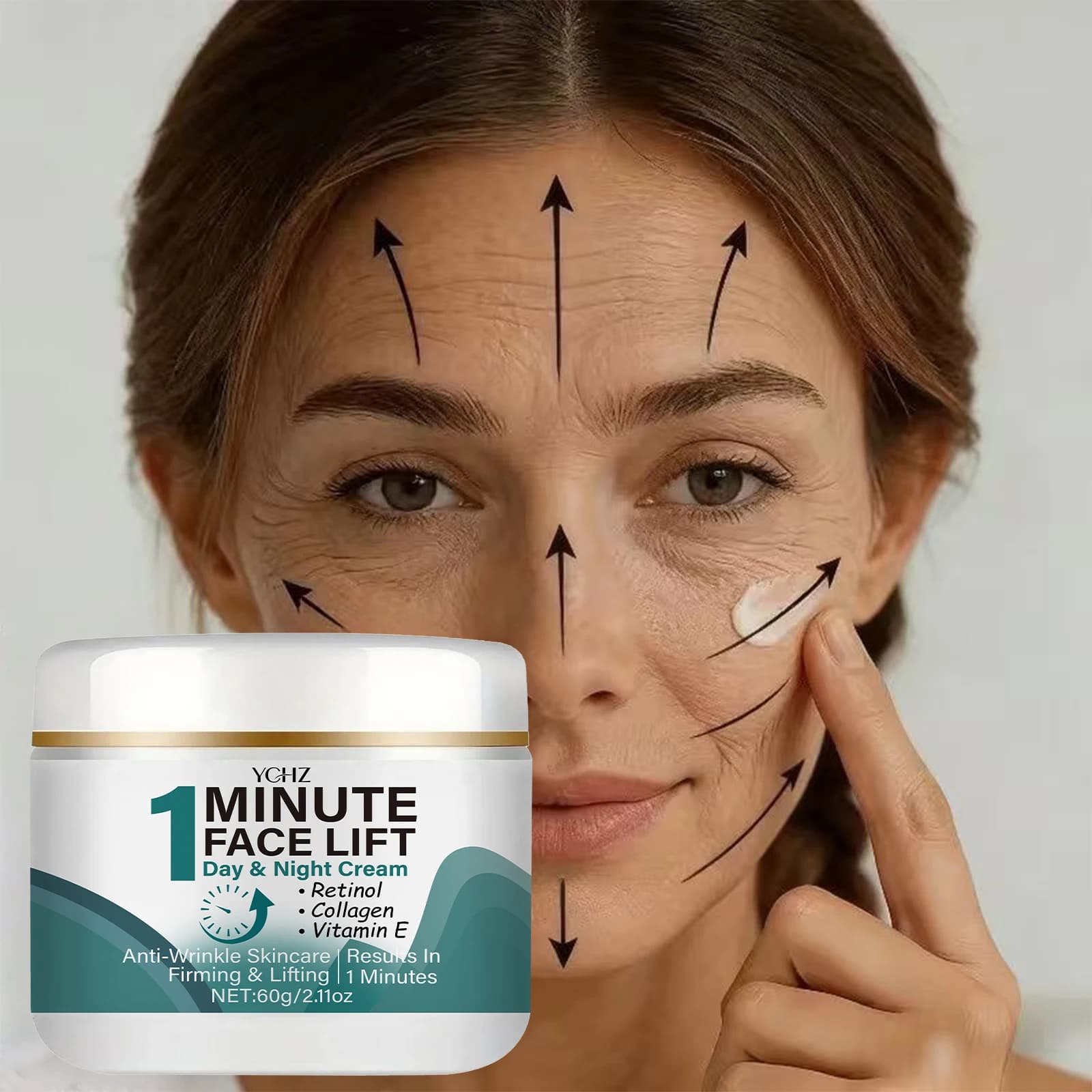 60 g, fast acting face cream in 1 minute, containing vitamin C, hyaluronic acid, collagen, firming and smoothing formula, suitable for all shades of light beige skin