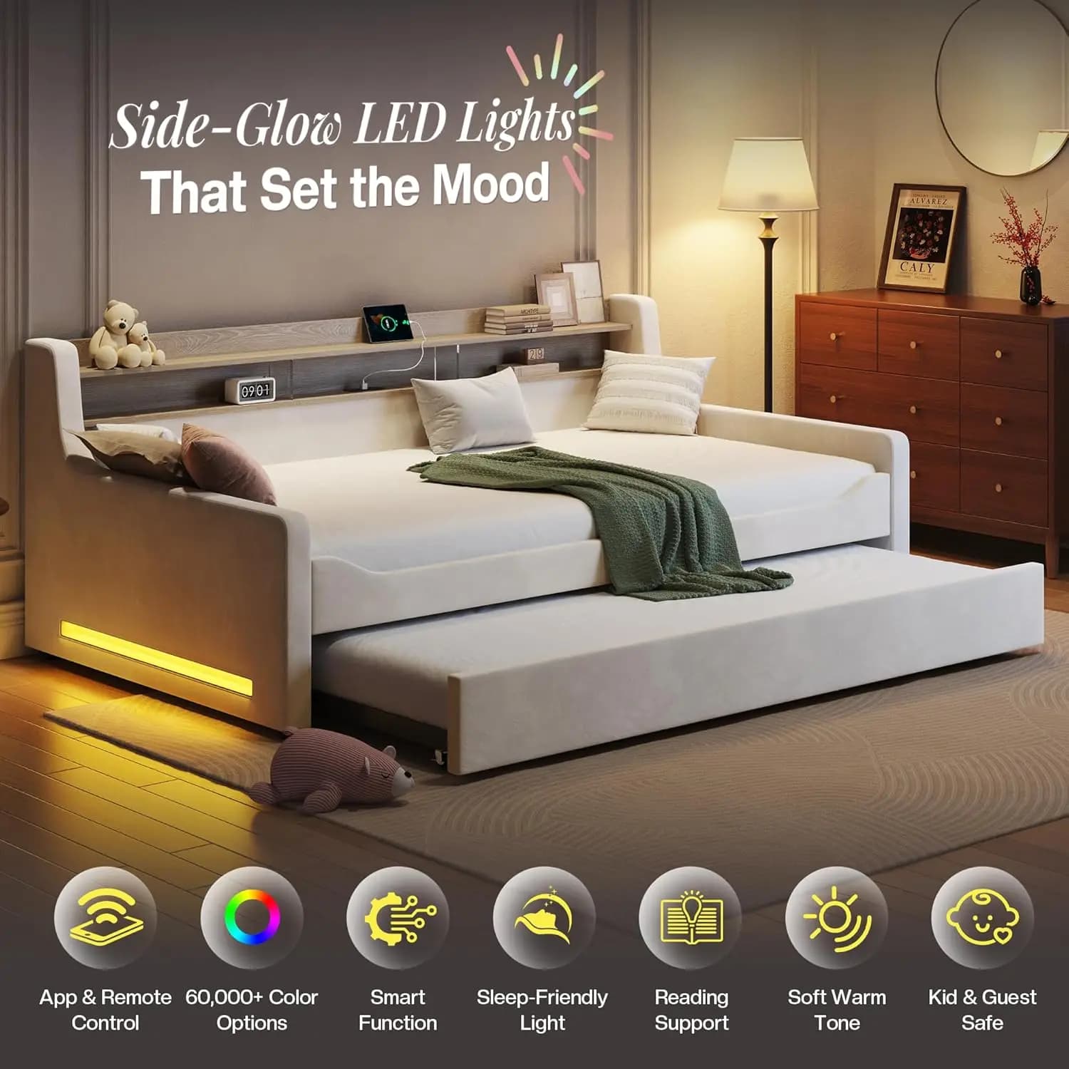 Divano letto con letto estraibile, struttura imbottita in velluto con luce notturna a LED, testiera contenitore, ricarica USB, salvaspazio
