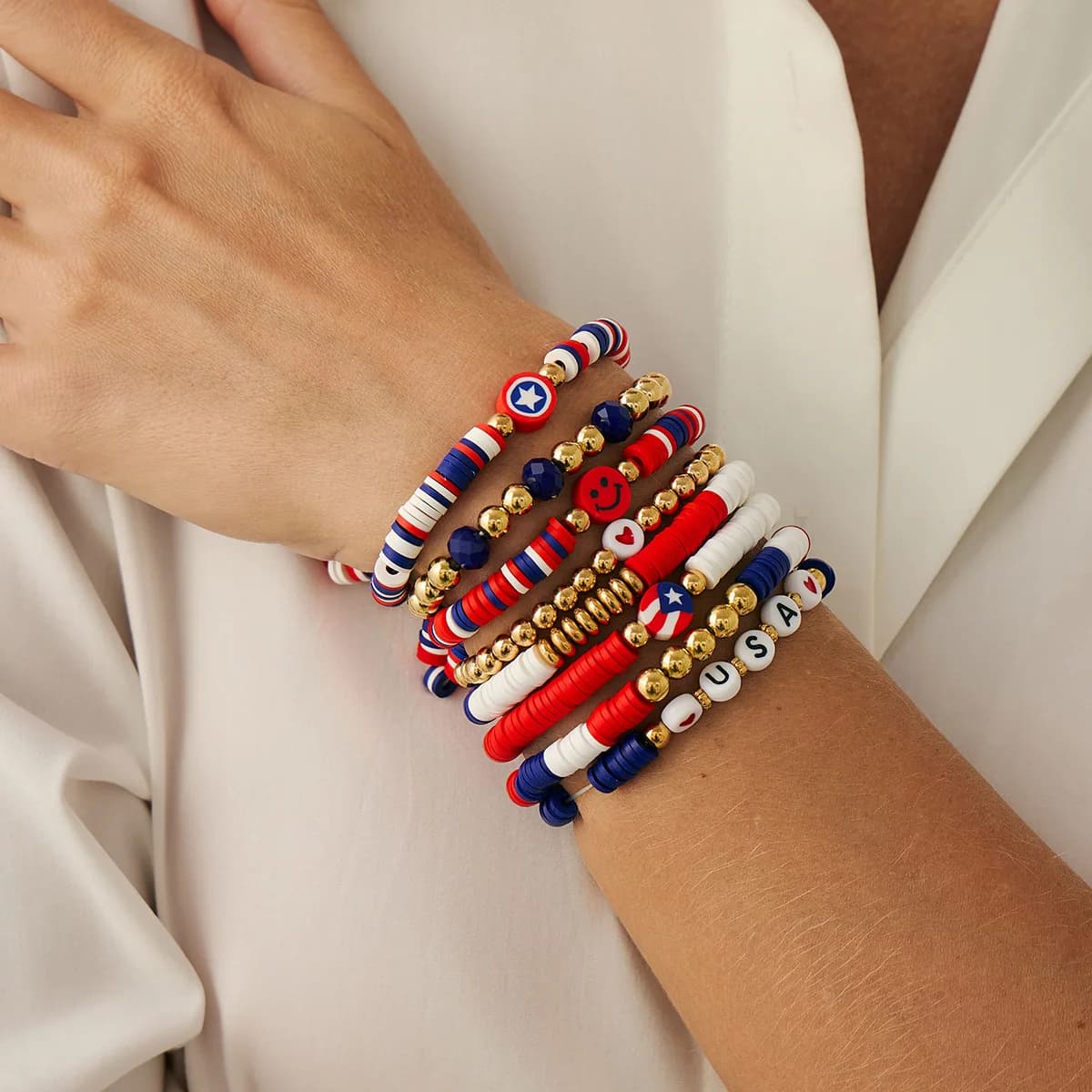 5-piece American Independence Day bracelet with multiple layers of red, blue, and white American flag pentagram pendant, round bead elastic bracelet