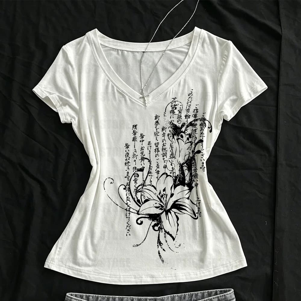 Women's Tee Shirt Summer Gothic Print T-Shirt Short Sleeve Slim Fit Graphic Tops 2000s Grunge E-girls Korean Style Streetwear