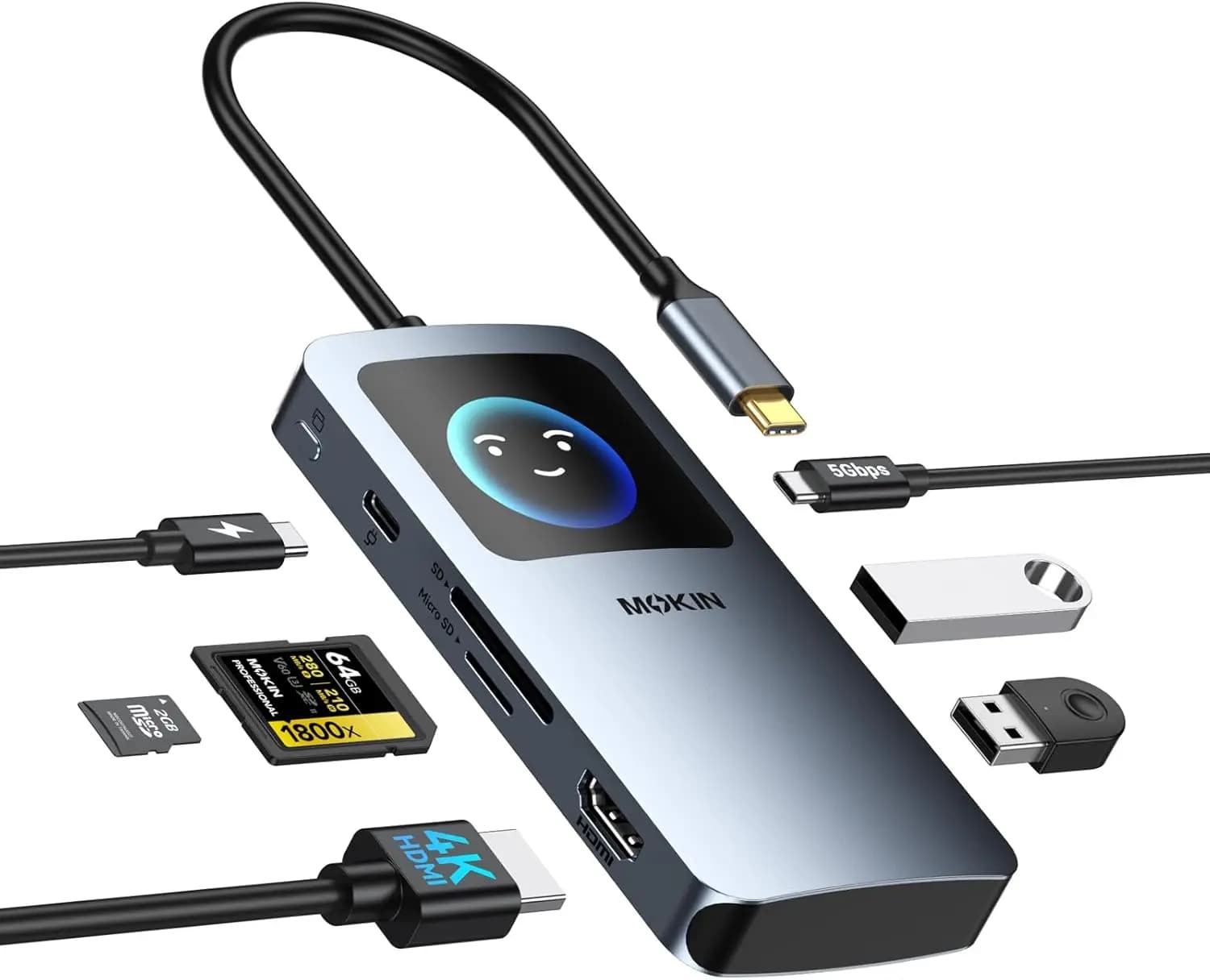 Hub USB C 7-in-1, Docking Station Smart LED 4K@60Hz con HDMI, PD 100W, 2 USB-A 3.0, USB-C 3.0, Lettore di Schede SD/TF per Laptop