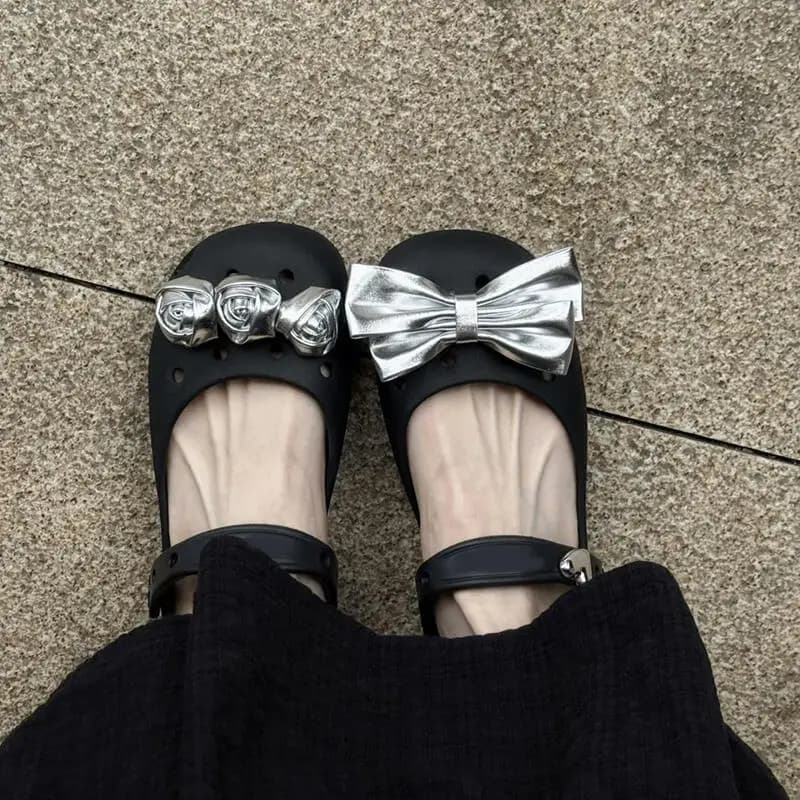 Elegant Silver Bowknot Mary Jane Shoes Women Summer 2026 New Korean Ballet Clogs Shoes Women Lightweight Eva Sandals Slippers
