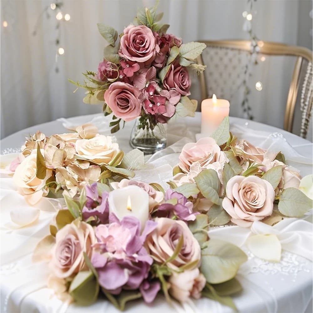 2 pezzi di candeliere da sposa ghirlanda di rose artificiali anello di candela decorazione della tavola di nozze candela di seta decorazione per feste di famiglia mini