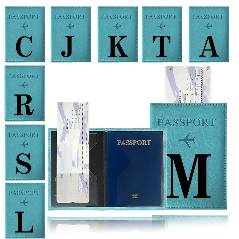 Porta Passaporto Blu in PU Impermeabile, Custodia Portafoglio per Documenti e Carte di Credito, Serie Stampa Lettere Nere