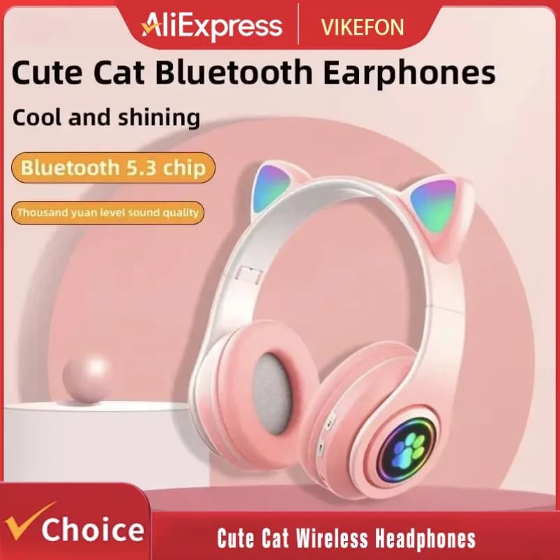JST-28 Wireless Headphones with Cat Earrings, Bluetooth Stereo headphones, Gaming Sports Headphones with Microphones