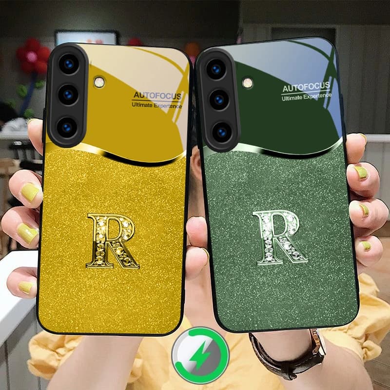 Golden edged letter R For Samsung S26 S25 Edge S25Ultra S20 S21 Pro S22 Plus S23 FE S24 Ultra For Magsafe Glass Phone Case