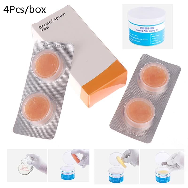 4 capsule essiccanti per apparecchi acustici, deumidificatore e pallet di asciugatura per BTE.